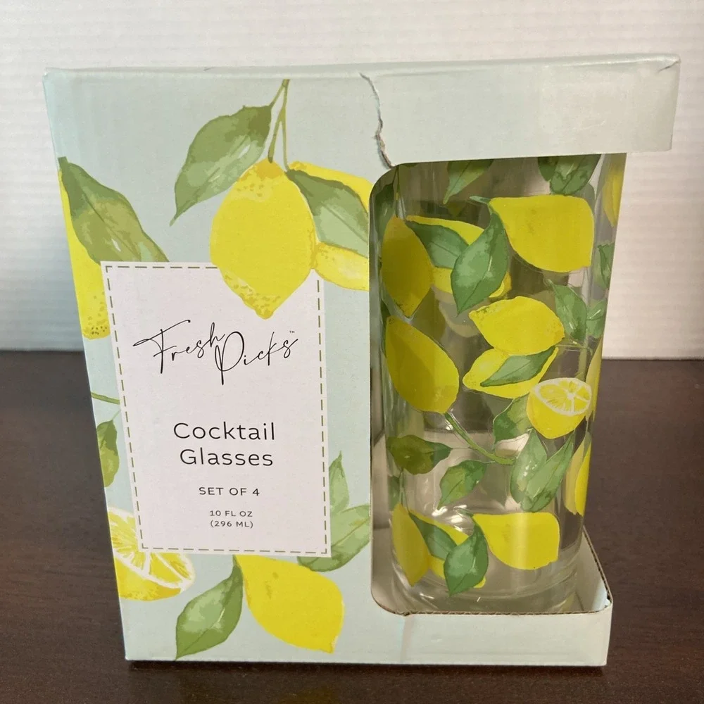 Set of 4 Fresh Picks Lemon Highball Glasses Lemonade Iced Tea Cocktail Tumblers